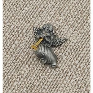 Angel Pin Signed Daria Vintage Pewter Playing Horn Trumpet Gold Tone